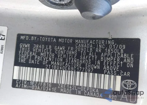 2009 Toyota Corolla Le z USA, uszkodzony, nr VIN 2T1BU40E69C177087